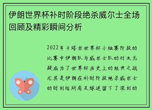 伊朗世界杯补时阶段绝杀威尔士全场回顾及精彩瞬间分析 伊朗世界杯补时阶段绝杀威尔士全场回顾及精彩瞬间分析